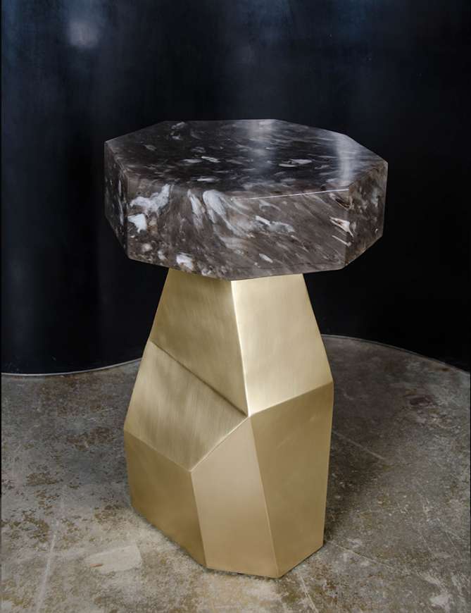 Picture of BRASS FACET TABLE W/ SMOKE CRYSTAL OCTAGON TOP