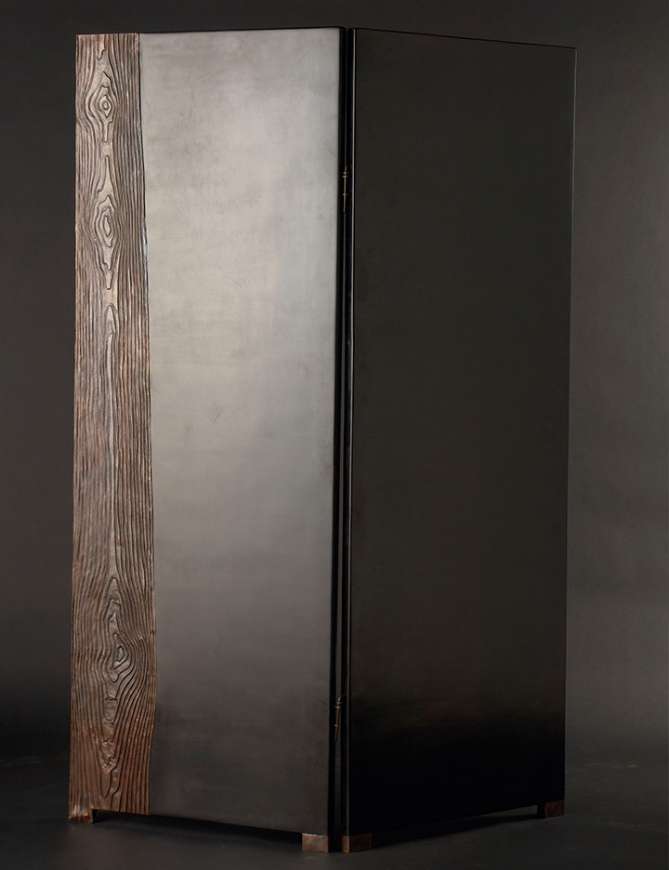 Picture of 2 PANEL BLACK LACQUER SCREEN W/ WOODGRAIN DESIGN